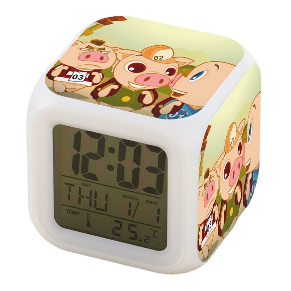 Despertador digital LED de três porquinhos quadrado 8x8x8cm