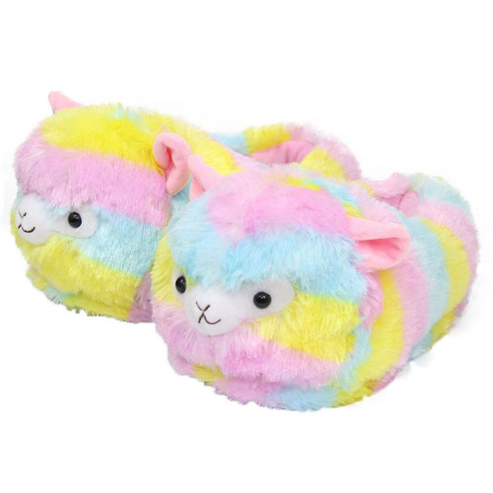 Chinelos coloridos de ovelha, anime, pelúcia, sapatos caseiros de algodão