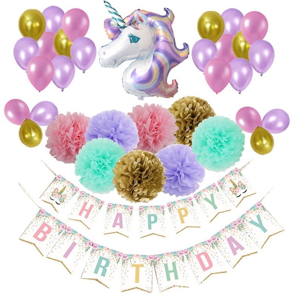 Kit de balões de unicórnio de aniversário com 36 balões, banner e pompom