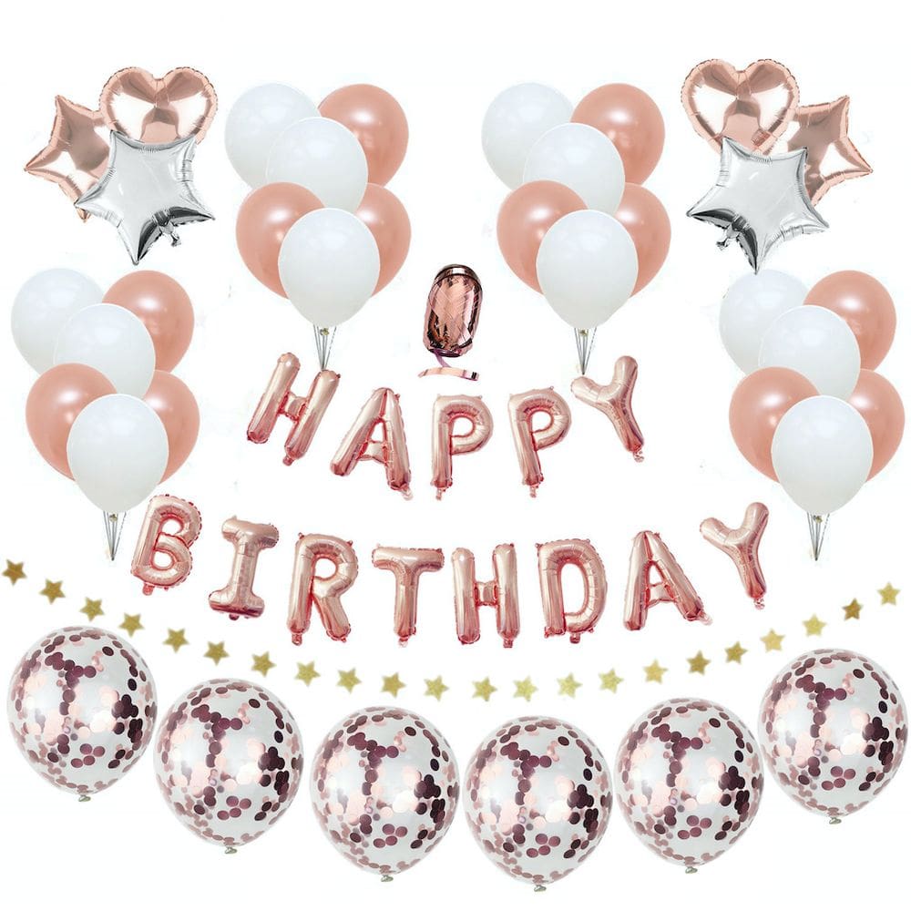 Kit de balões de aniversário, látex em ouro rosa, 49 unidades com bandeira e fita