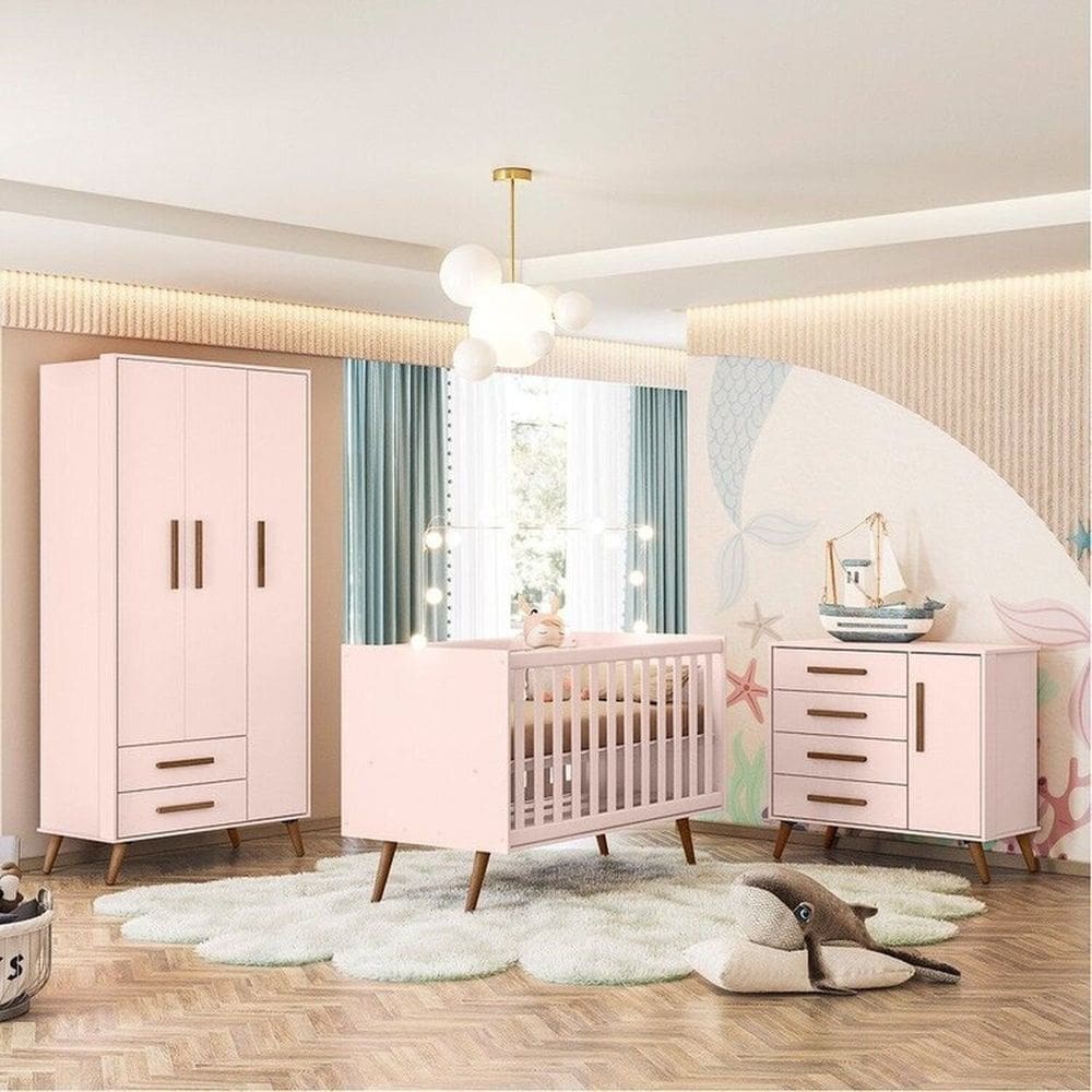 Quarto de Bebê Completo Guarda-roupa, Berço e Cômoda Q-encanto Retrô Rosa Acetinado