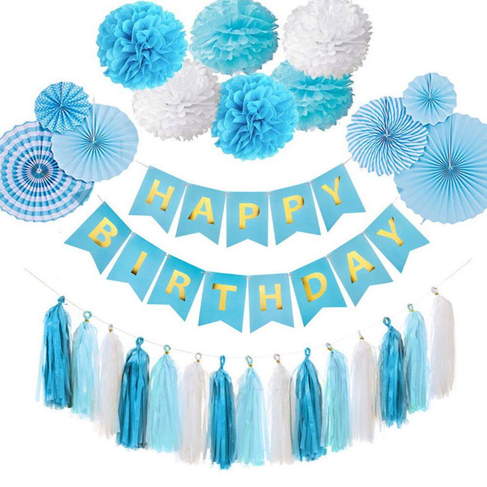 Kit de balões branco, azul, 28 unidades com banner, borlas, papel, Pom P