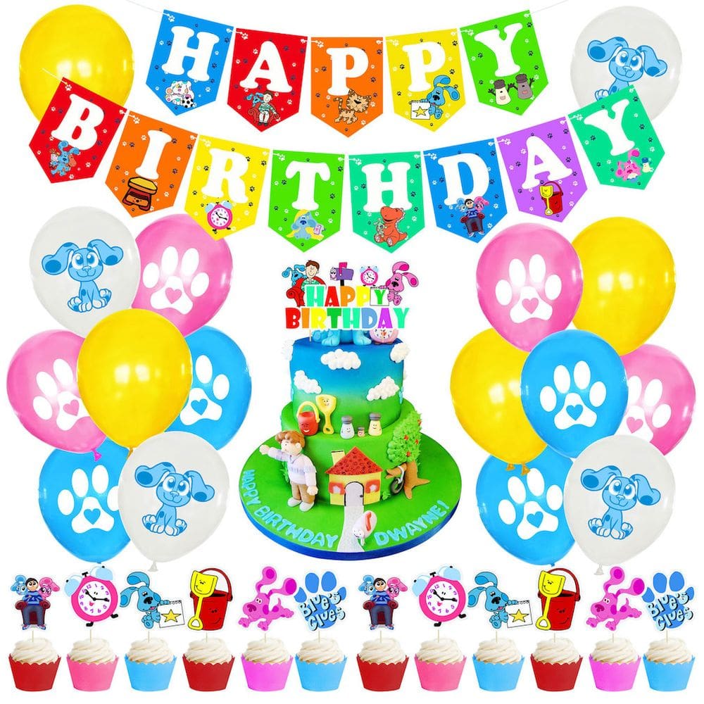 Kit de balões de aniversário Blue`s Clue Latex, 30 unidades com banner e chapéu