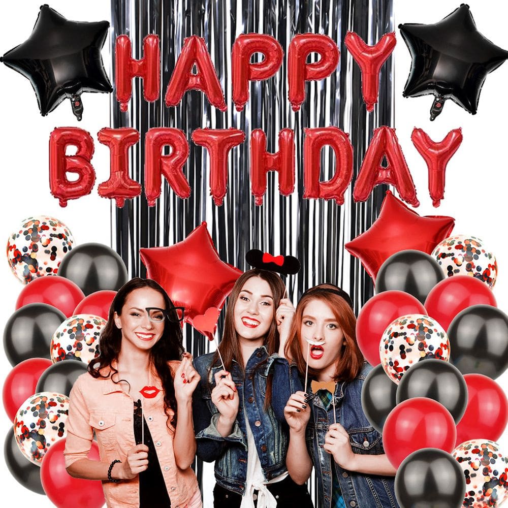 Kit de balão Birthday Unicorn 36 peças de papel alumínio de látex preto vermelho