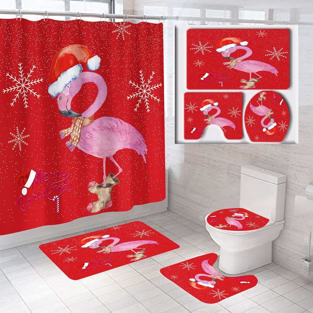 Conjunto de cortinas de chuveiro Christmas Flamingo com tapetes de banho