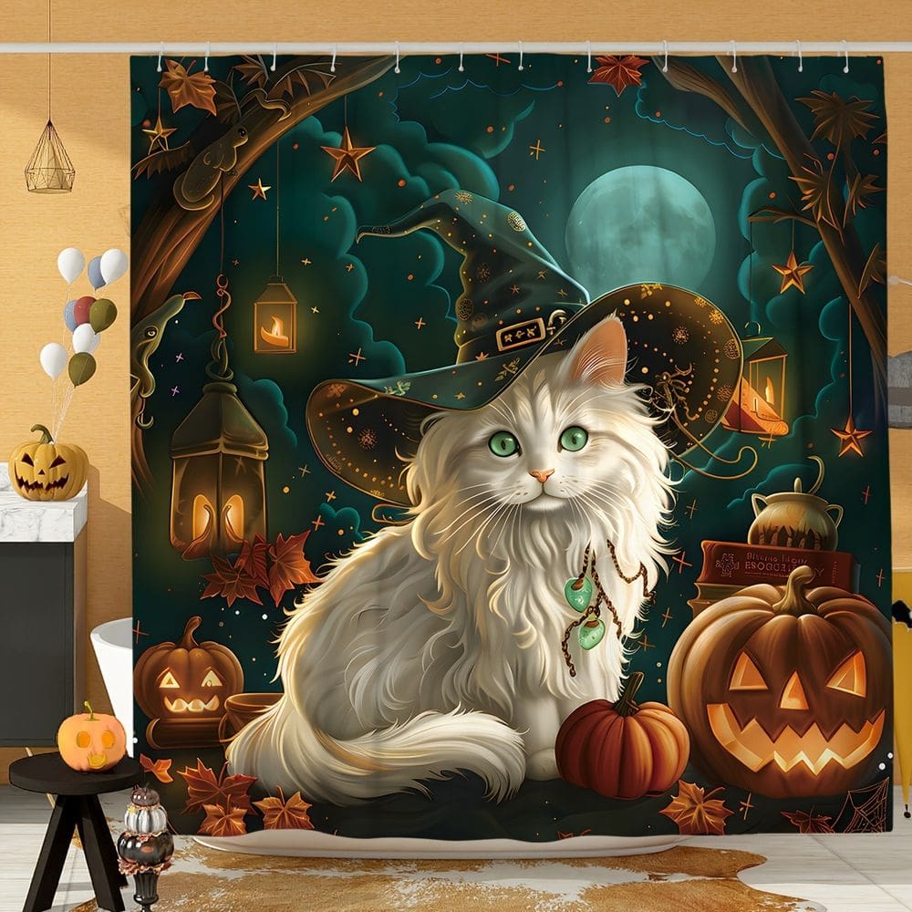 Cortina de chuveiro White Cat Witch Hat Pumpkins 180x200cm