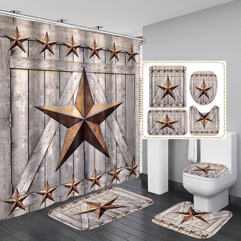 Conjunto de cortinas de chuveiro Rustic Star com tapetes e tapetes antiderrapantes