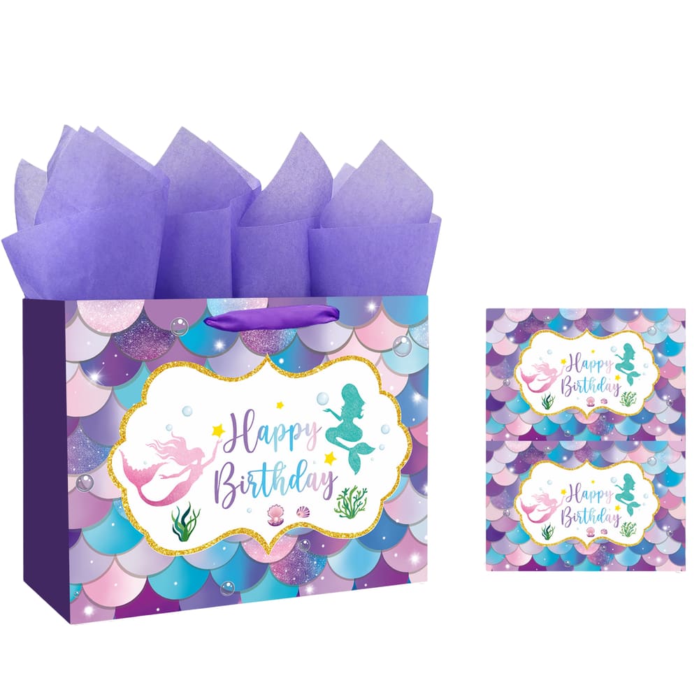 Bolsa de presente Mermaid Theme White Cardboard, pacote com 10 unidades 33x26x13cm