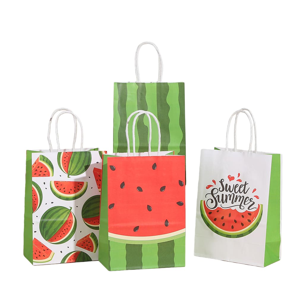 Saco de presente Kraft Paper Watermelon Cartoon, pacote com 12, 15x8x21cm