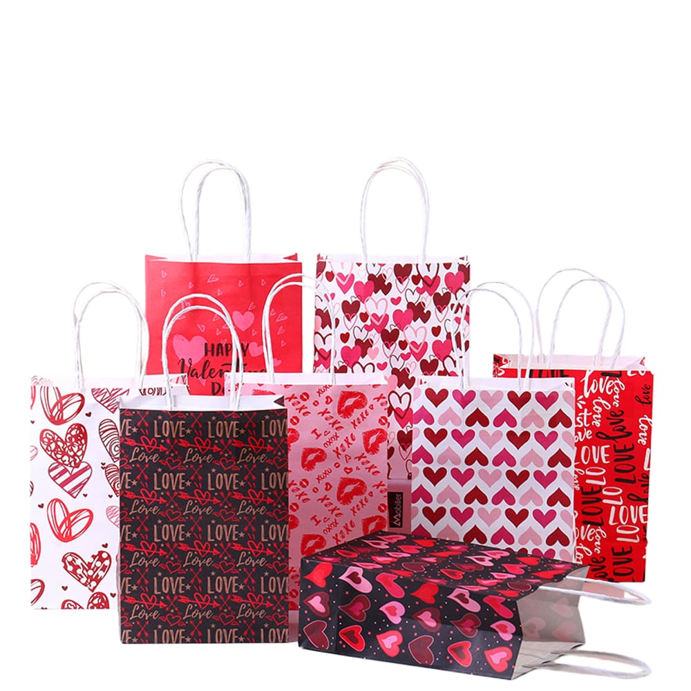 Sacos de presente Kraft Paper Valentine`s Day Heart, pacote com 12 unidades 21x15x8cm