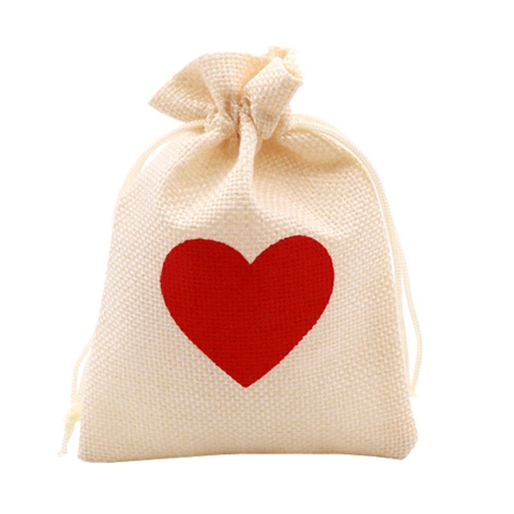 Bolsa de presente, pacote com 50 unidades, estilo linho bege com estampa de coração vermelho