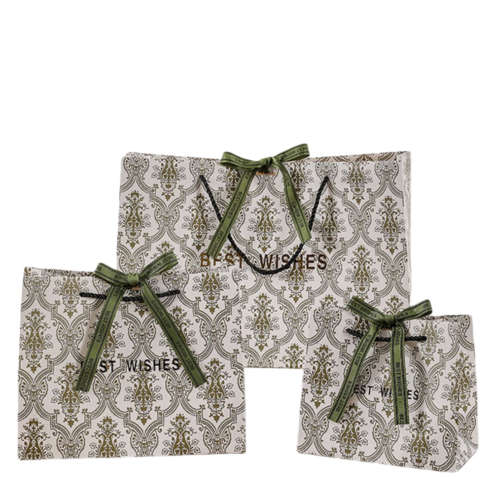 Sacola de presente, folha verde, papelão branco, estilo de formatura, pacote com 3