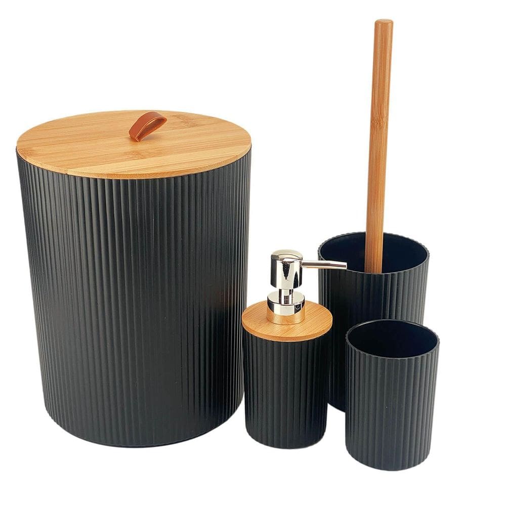 Kit Lixeira De Banheiro Com Dispenser E Escova Bambu 4 Peças