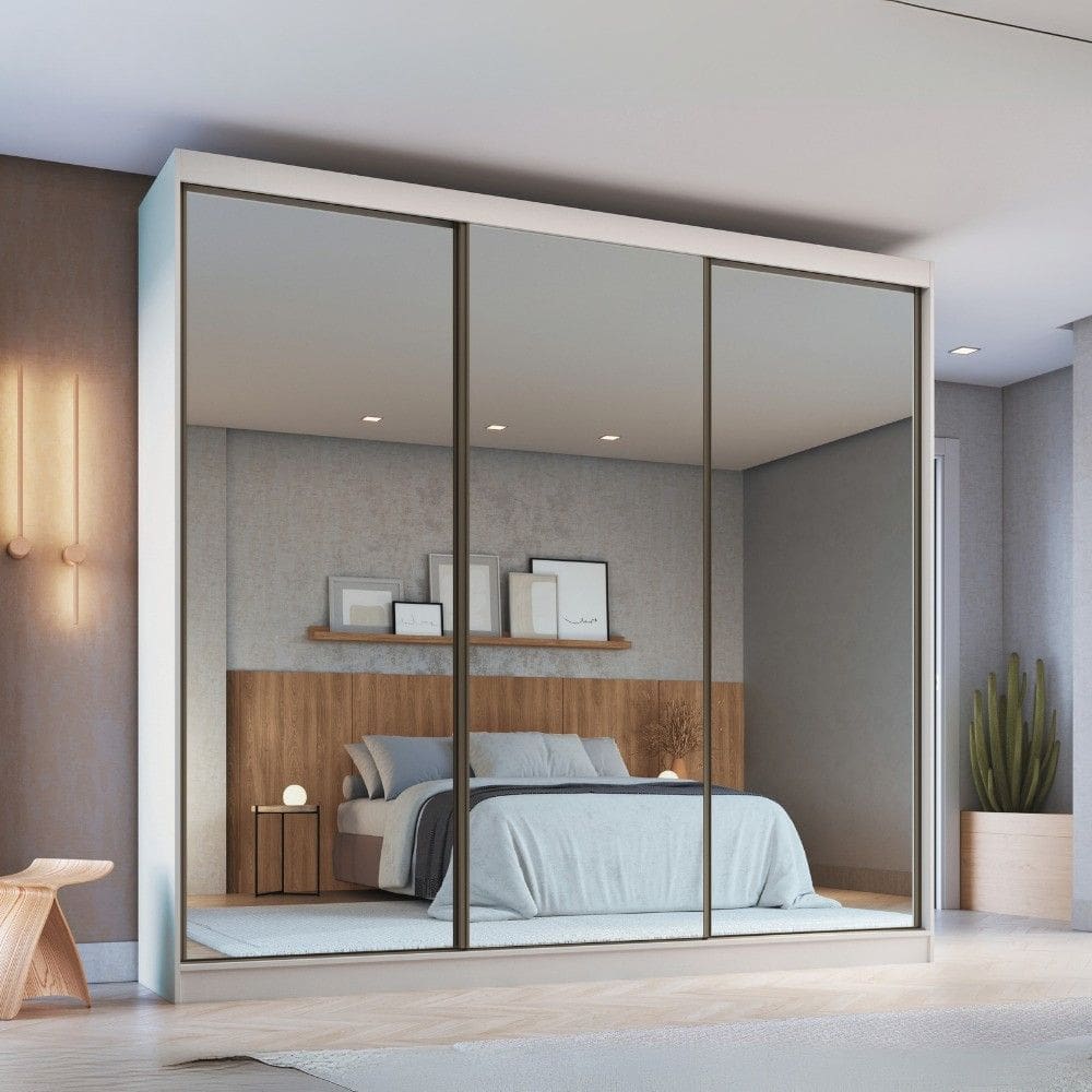 Guarda Roupa Casal com Espelhos 3 Portas de Correr em MDF