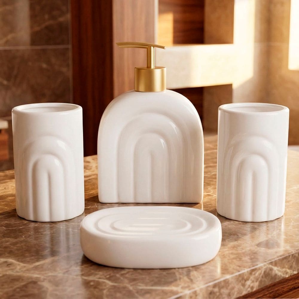 Jogo De Banheiro Acessórios Lavabo Textura Em Arcos Kit 4pçs