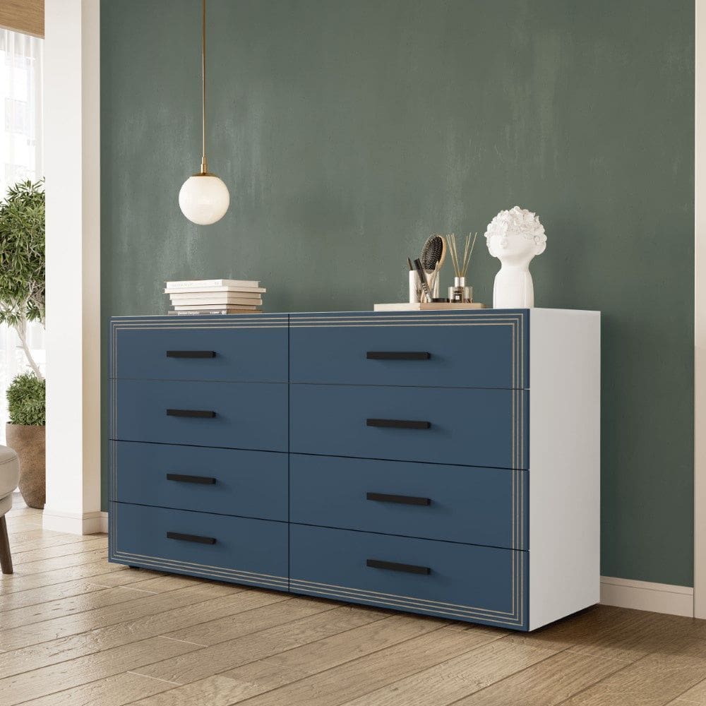 Cômoda Valência 8 Gavetas Branco Azul Politorno Móveis