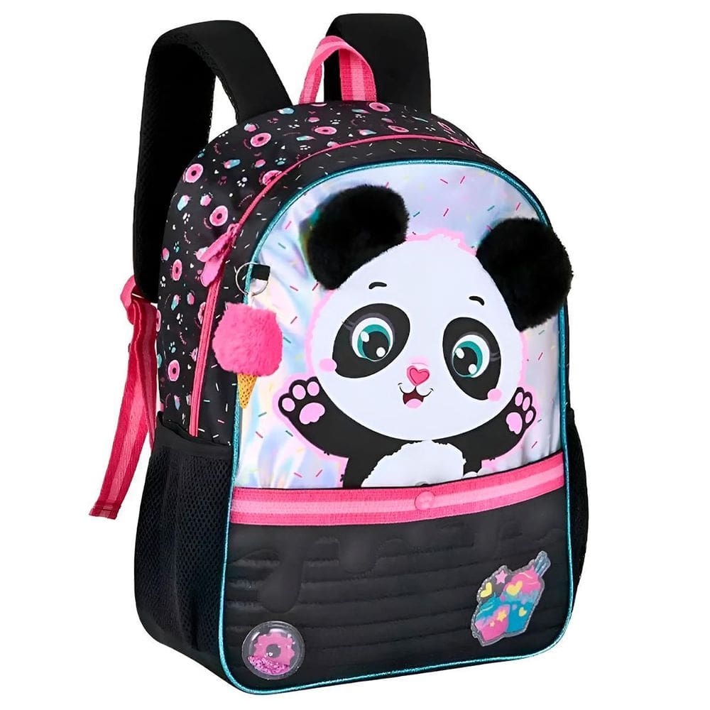 Mochila Infantil Pandinha Pelúcia Com Chaveiro Escolar