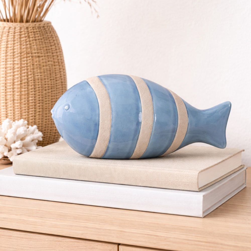 Escultura Decorativa Cerâmica Peixe (azul/bege) 11x23x10cm