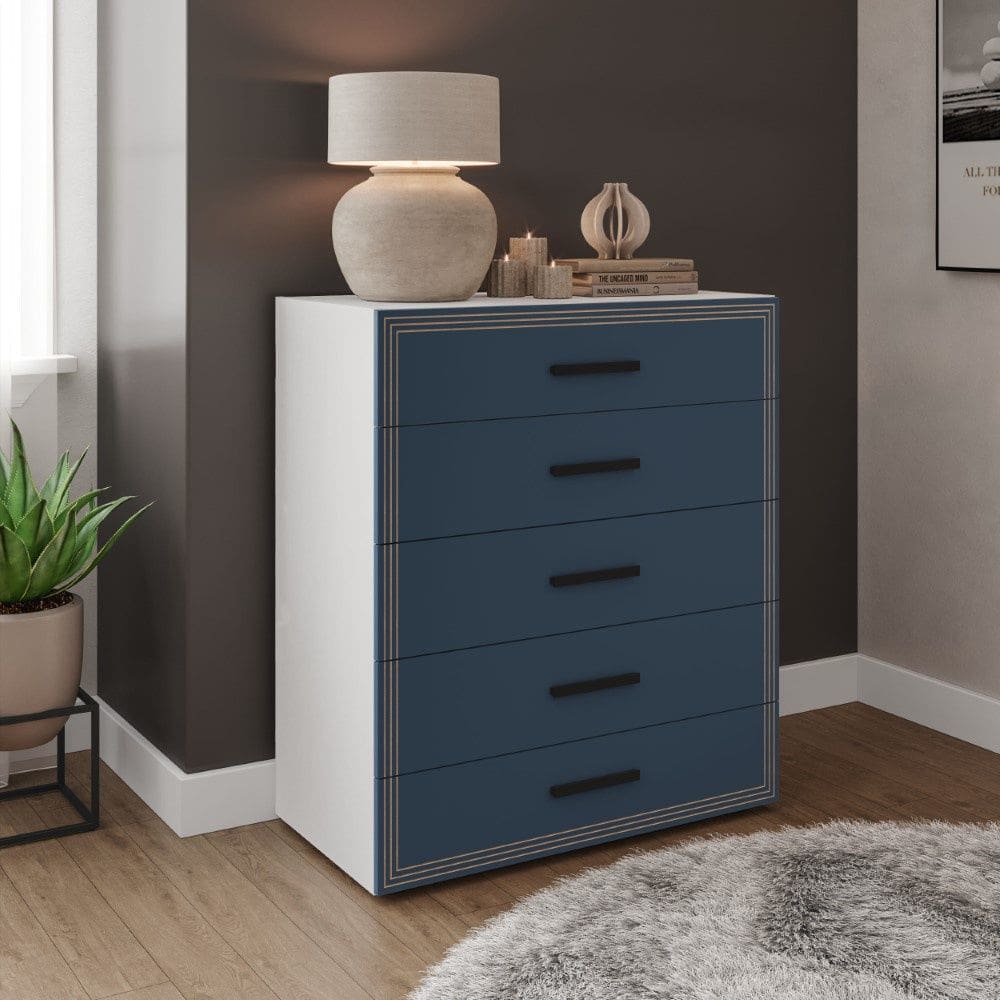 Cômoda Valência 5 Gavetas Branco Azul Politorno Móveis