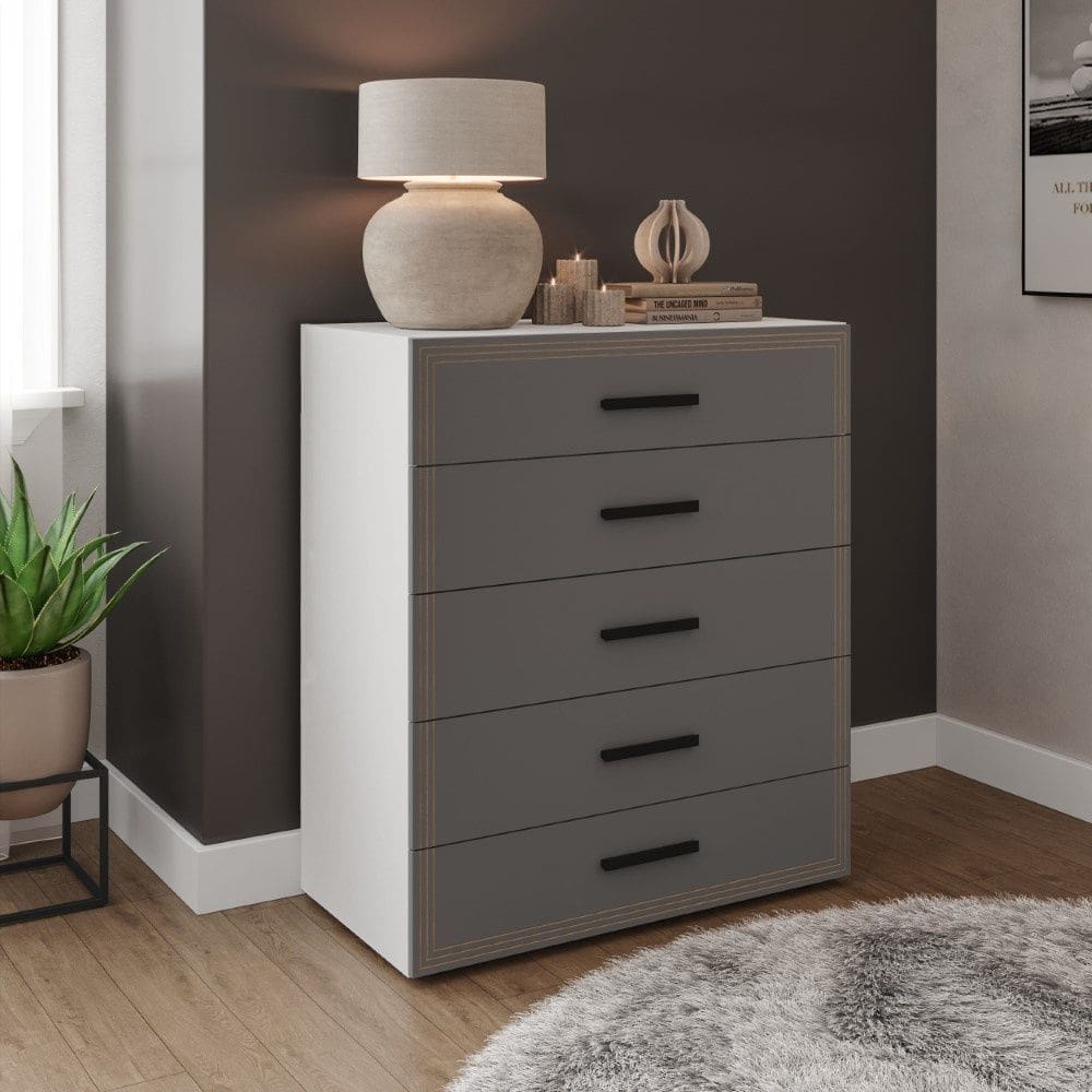 Cômoda Valência 5 Gavetas Branco Cinza Politorno Móveis