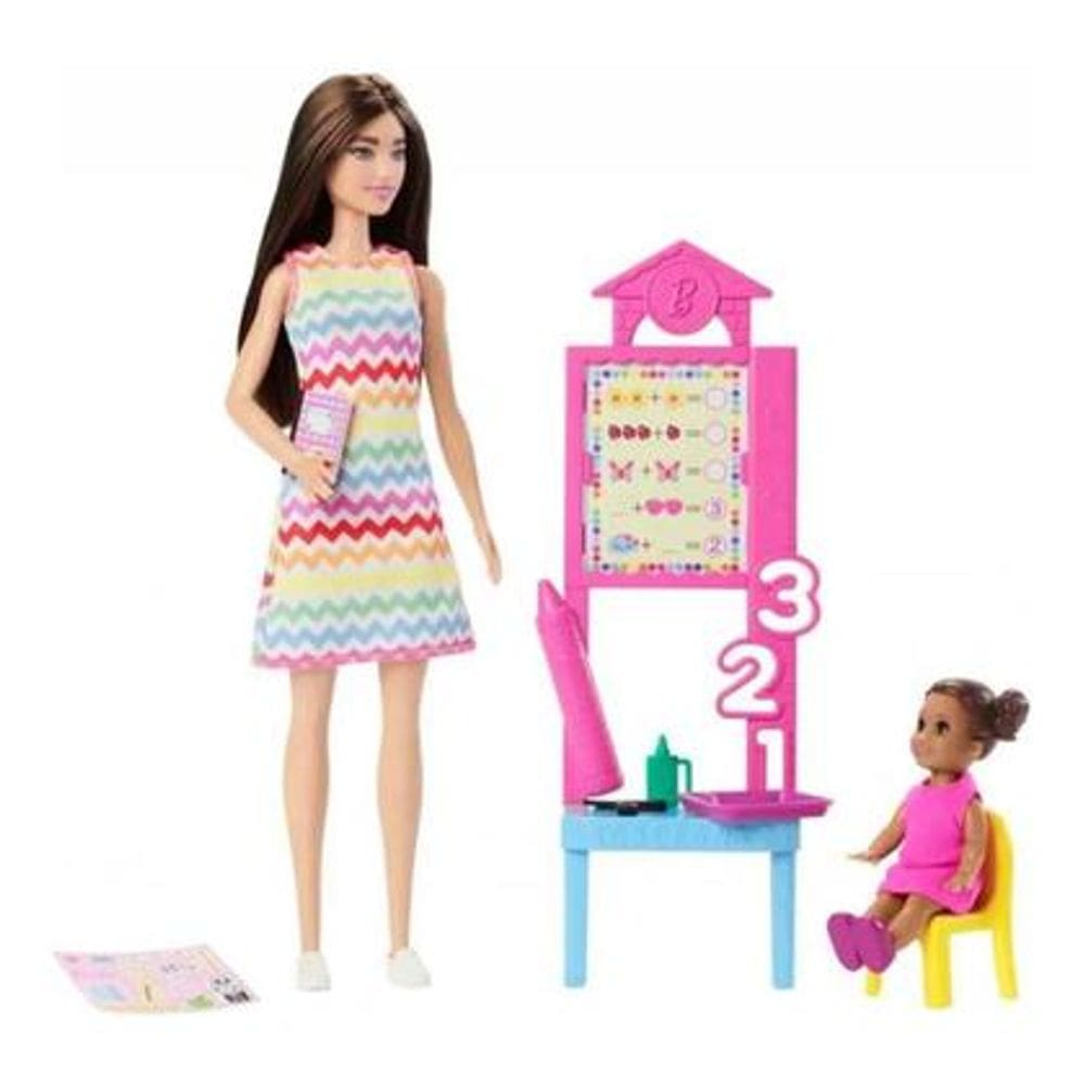 Boneca barbie profissões professora com aluna morena mattel JCR6 JCR71