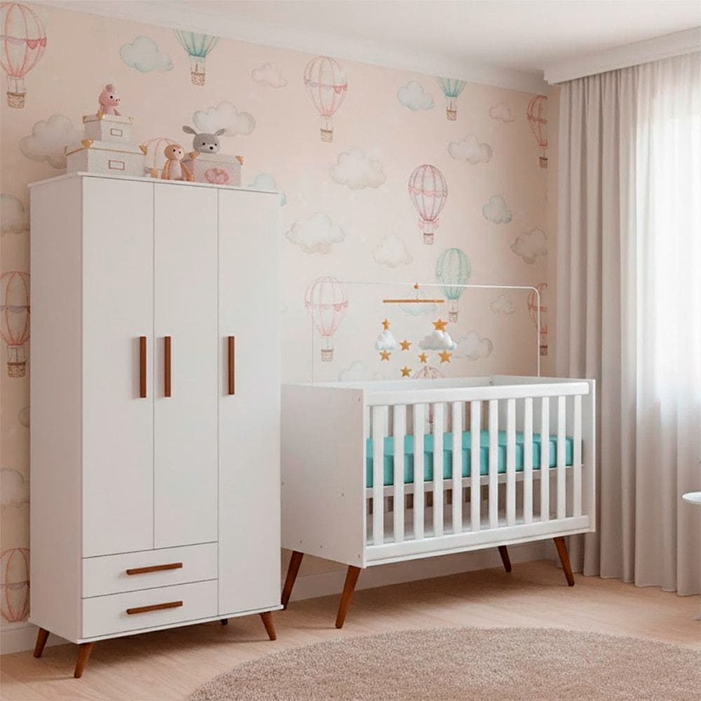 Quarto Bebe Infantil Q Encanto Berco Vira Cama e Guarda Roupas 3 Portas 2 Gavetas Retro Qmovi