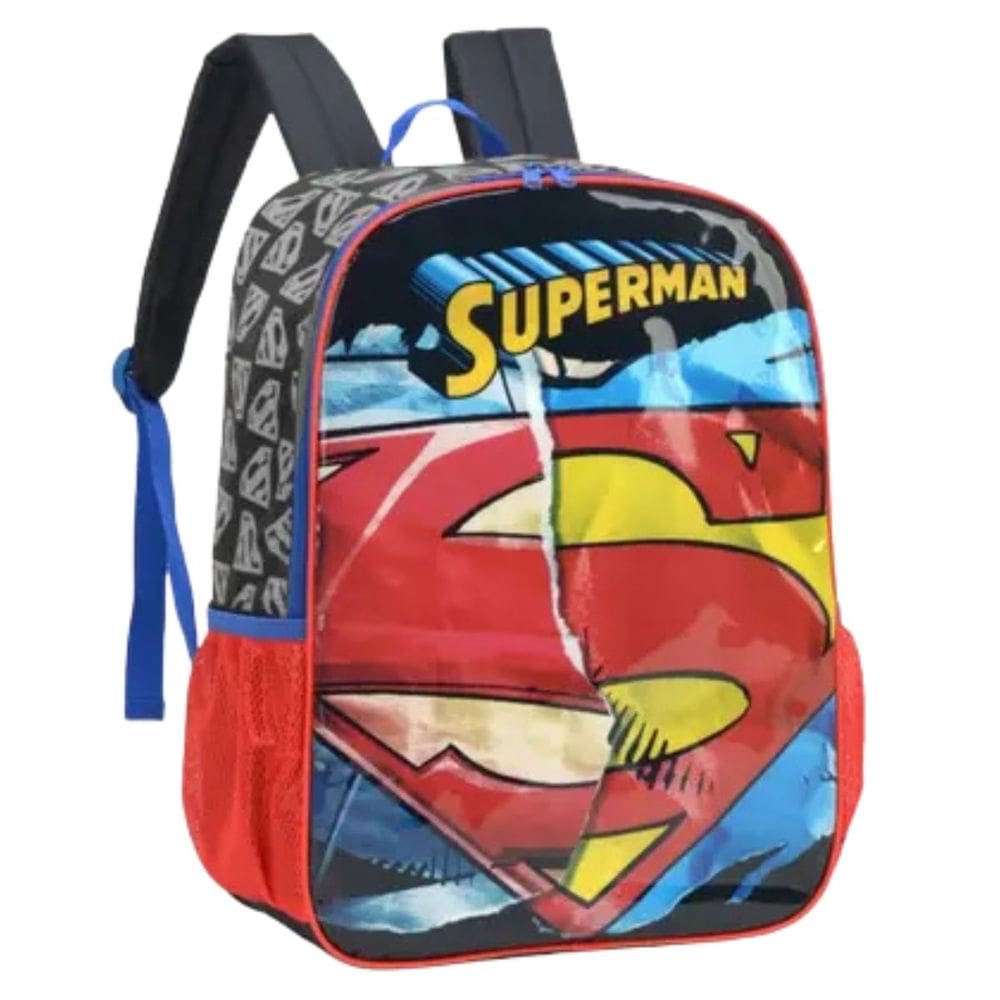 Mochila de Costas Escolar Super Homem para Meninos Reforçada Bolsos para Garrafinha - Super Homem - Luxcel