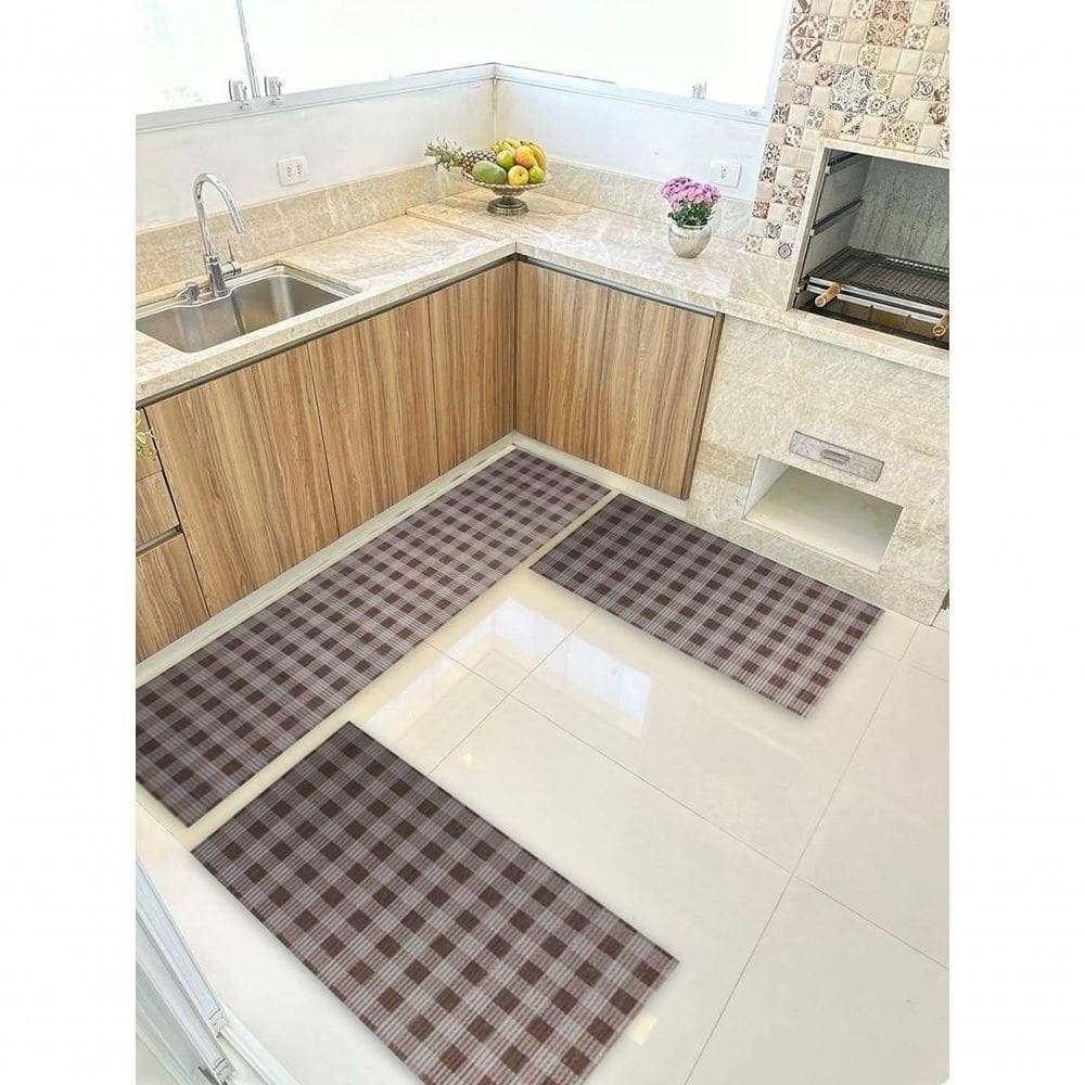 Kit 3 Peças Jogo Cozinha Passadeira Emborrachada Não Derrapa Xadrez Cinza Marrom