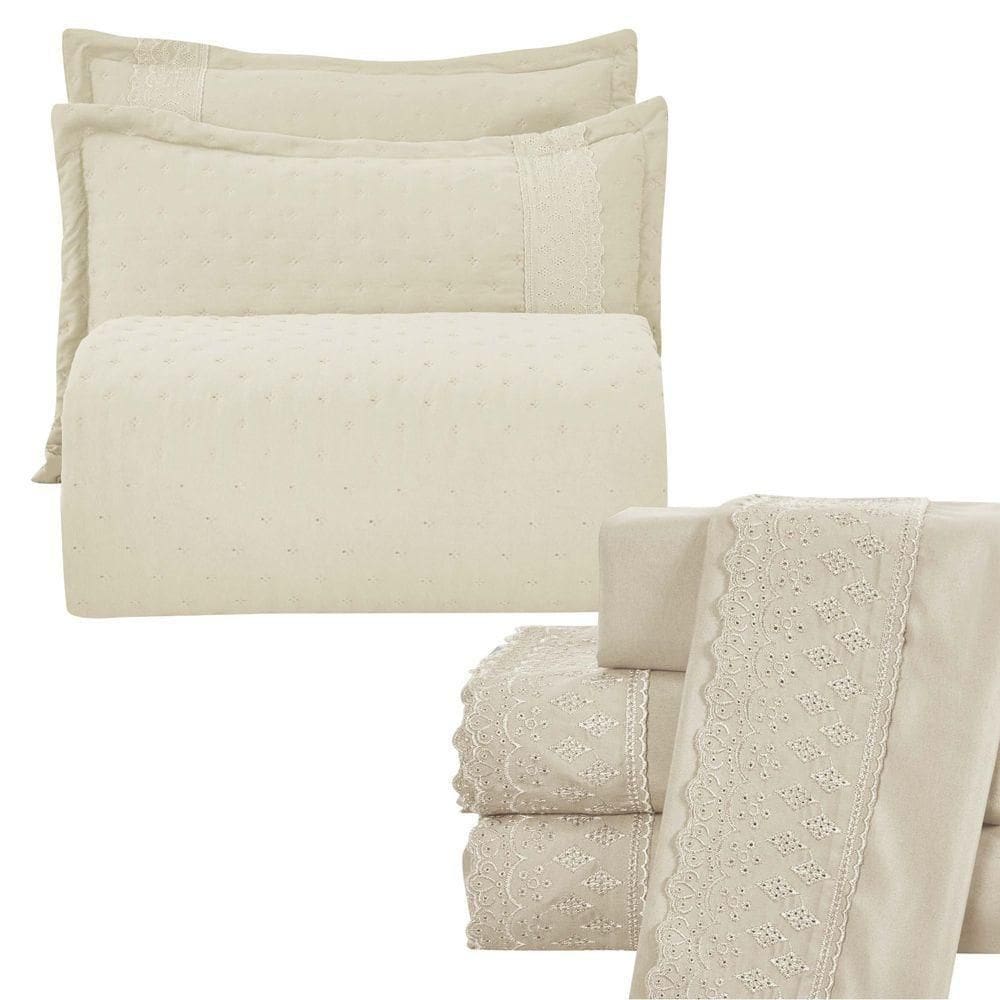 Kit Coordenado Grécia Cobre Leito + Jogo De Cama King Bordado Inglês 300 Fios - 7 Peças - Bege