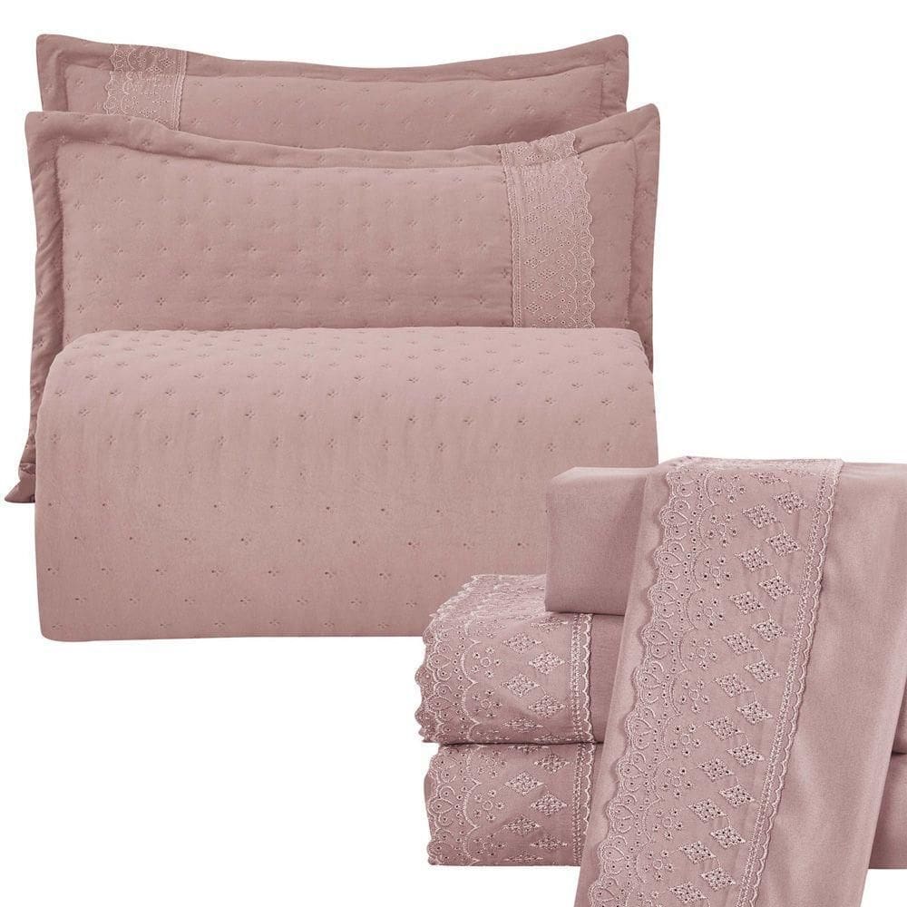 Kit Coordenado Grécia Cobre Leito + Jogo De Cama King Bordado Inglês 300 Fios - 7 Peças - Roxo Malva