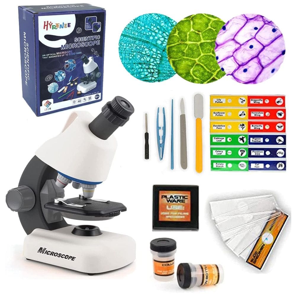 Kit Microscópio até 40 Zomm 1200x com Lâminas Preparadas e Luz LED Embutida para Crianças 5 a 12 Anos, HYRENEE, Branco