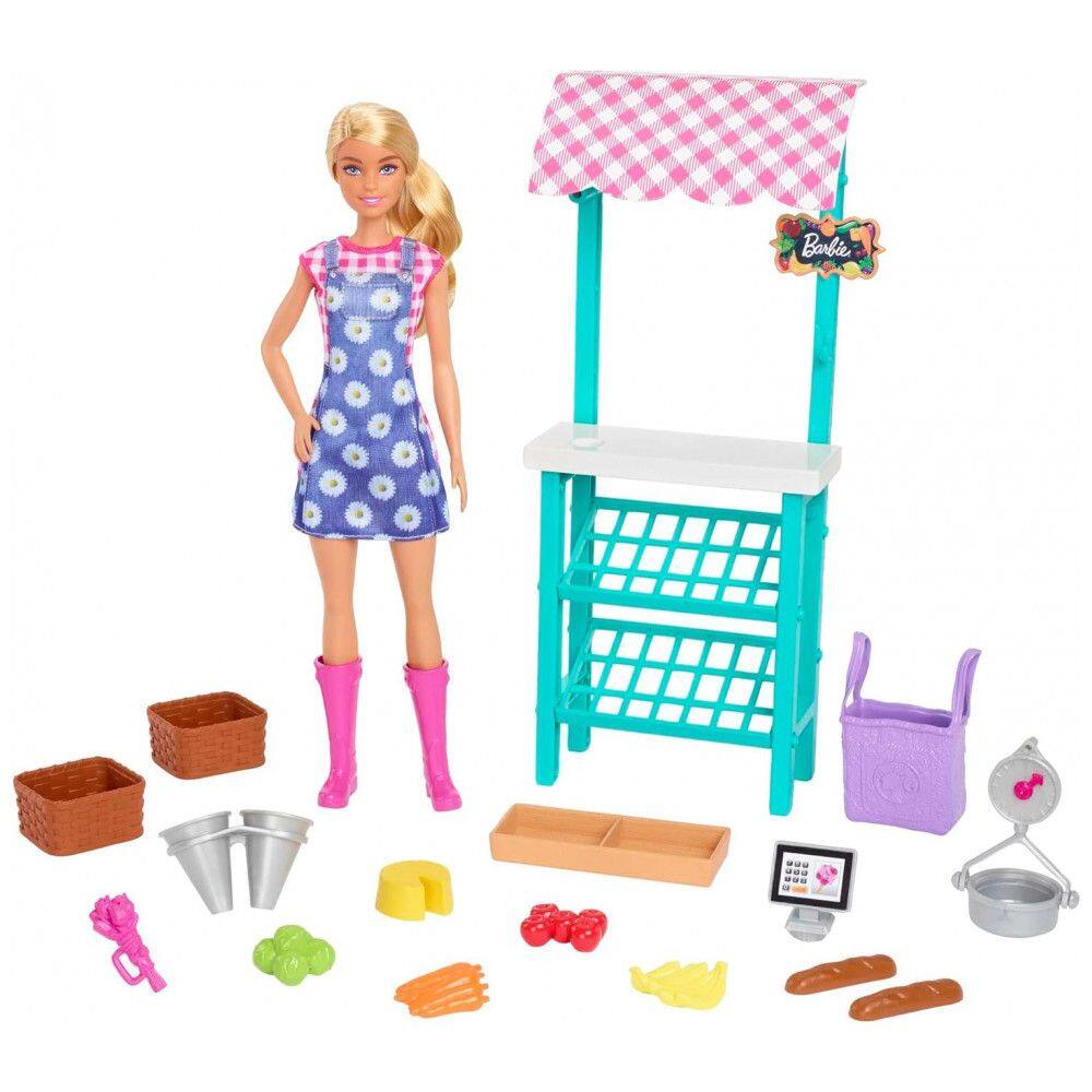 Playset Mercado de Agricultores com Boneca Loira Barbie, Móveis e Acessórios