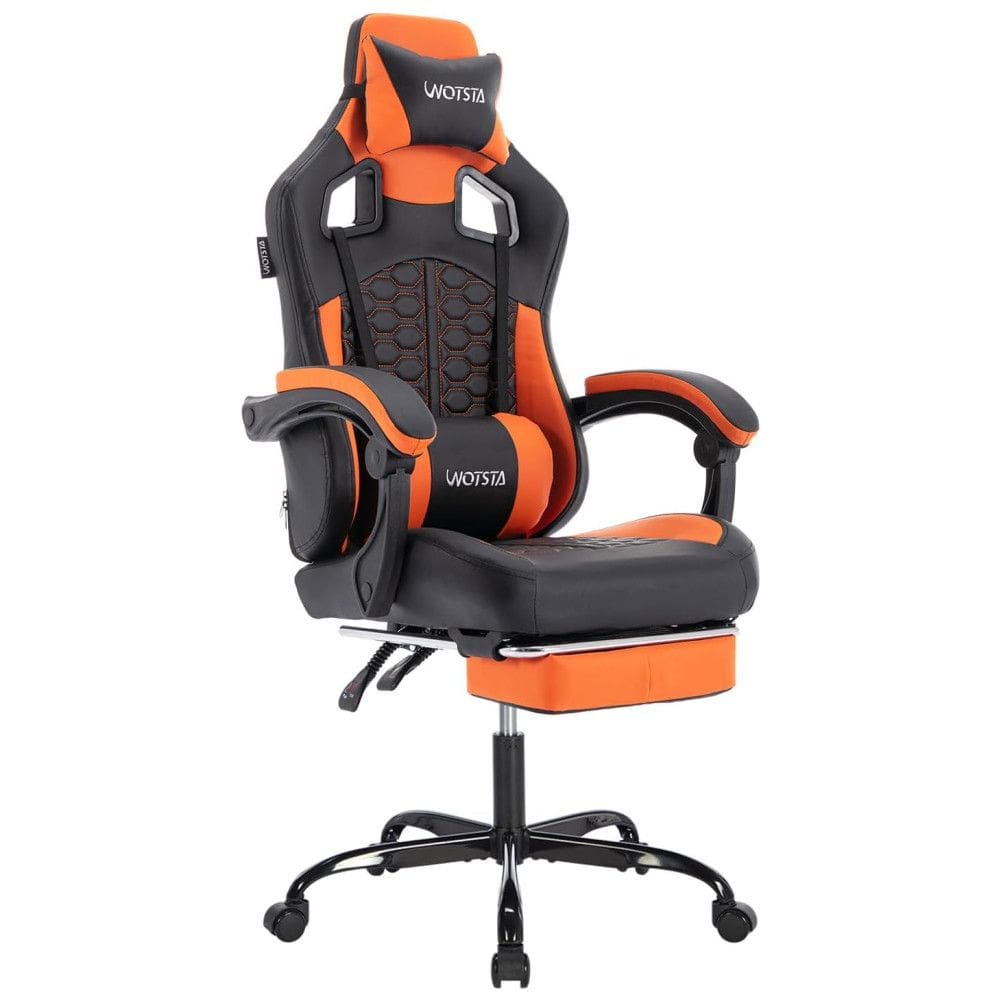 Cadeira Gamer Reclinável e Giratória com Apoio para os Pés e Cabeça, WOTSTA , Preta e Azul