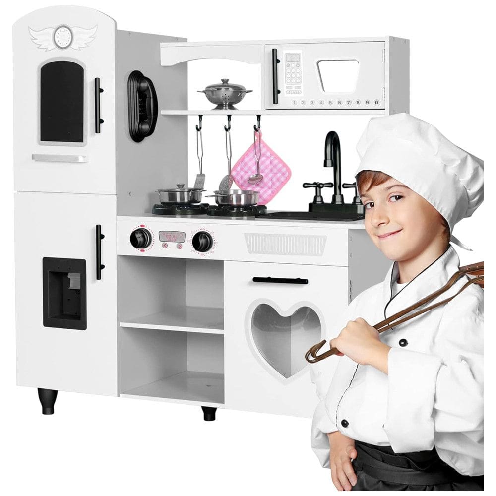 Cozinha Infantil em Madeira com 7 Utensílios, Luzes e Sons Realistas para Crianças Acima de 3 Anos, TaoHFE, Branca