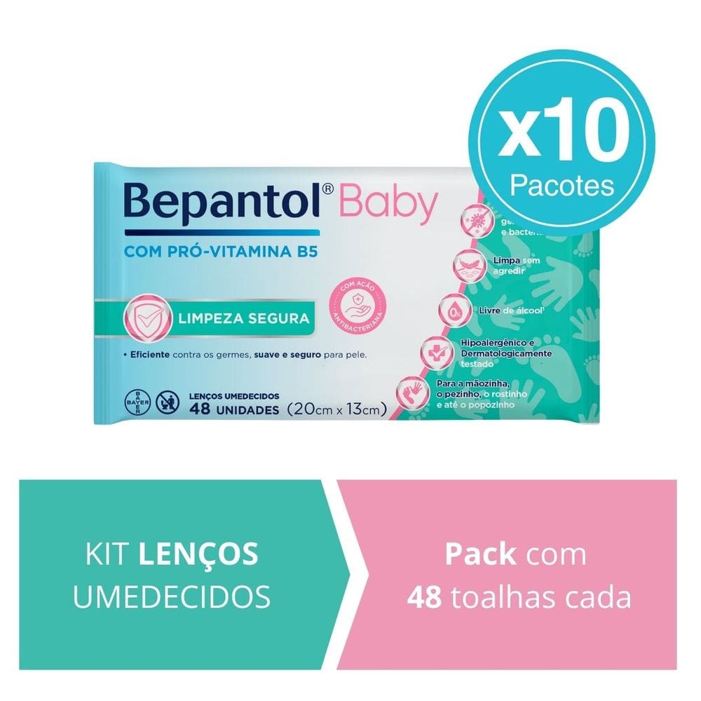 Kit 10 Lenços Umedecidos Proteção Antibac 48un cada Bepantol