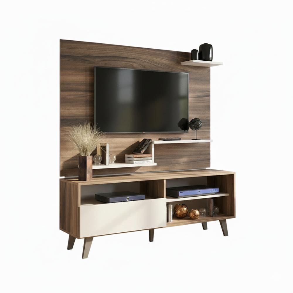 Rack com Painel para TV até 43 Polegadas 1 Porta 3 Prateleiras 136cm Nogueira/Off White - J Carvalho