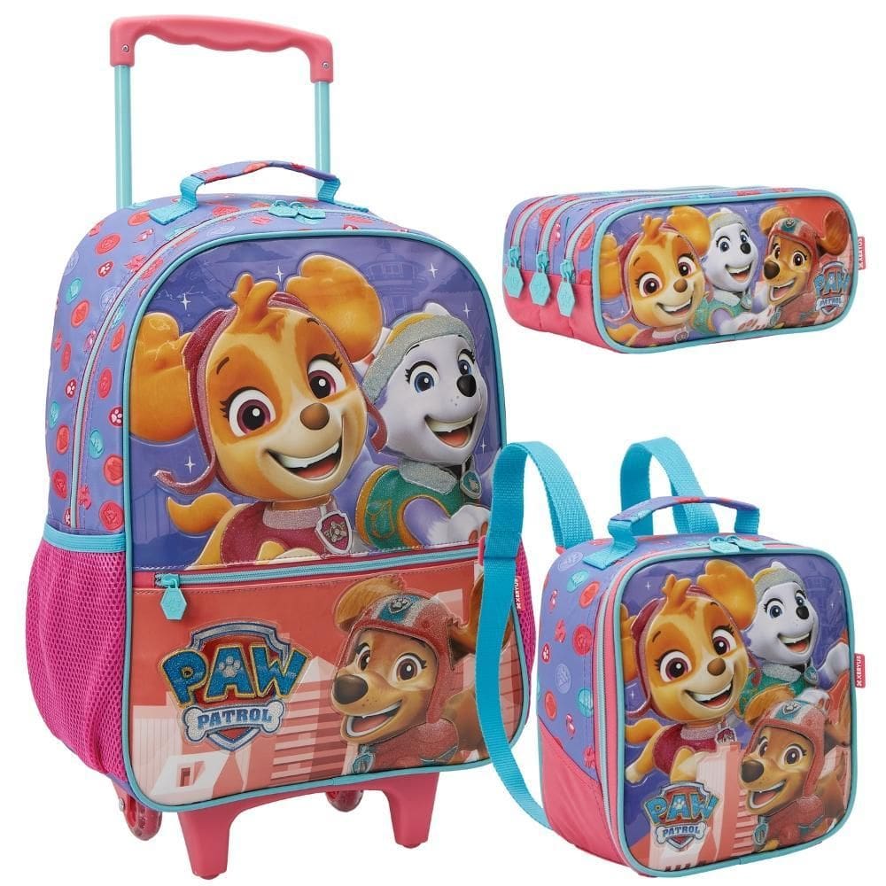 Kit Mochila Rodinhas Lancheira Estojo Patrulha Canina Skye