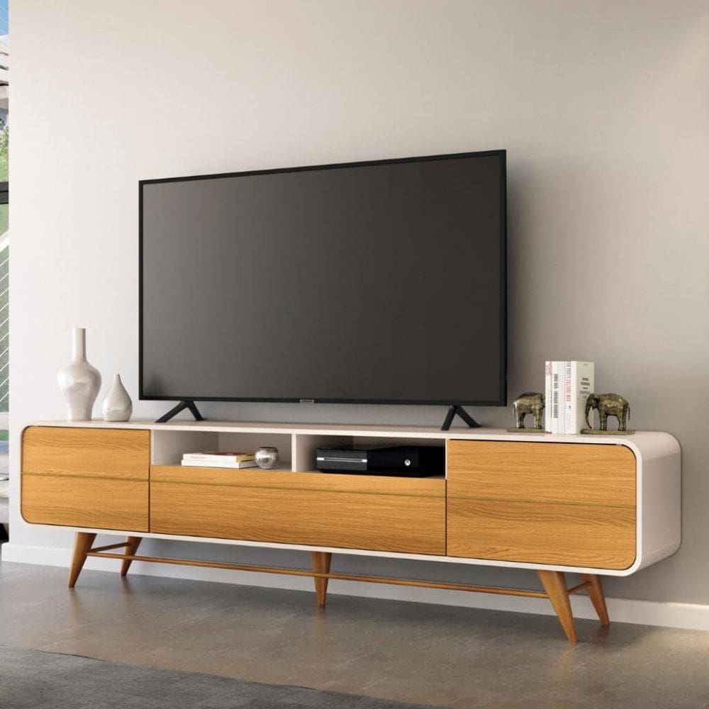 Rack para TV ate 85 Polegadas 3 Portas com Pes de Madeira Epoca HB Moveis