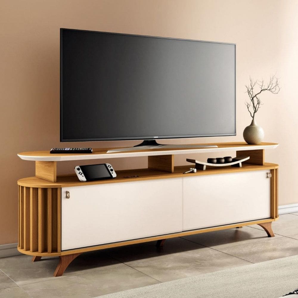 Rack Ripado para TV ate 70 Polegadas 2 Portas de Correr com Pes de Madeira Alba HB Moveis