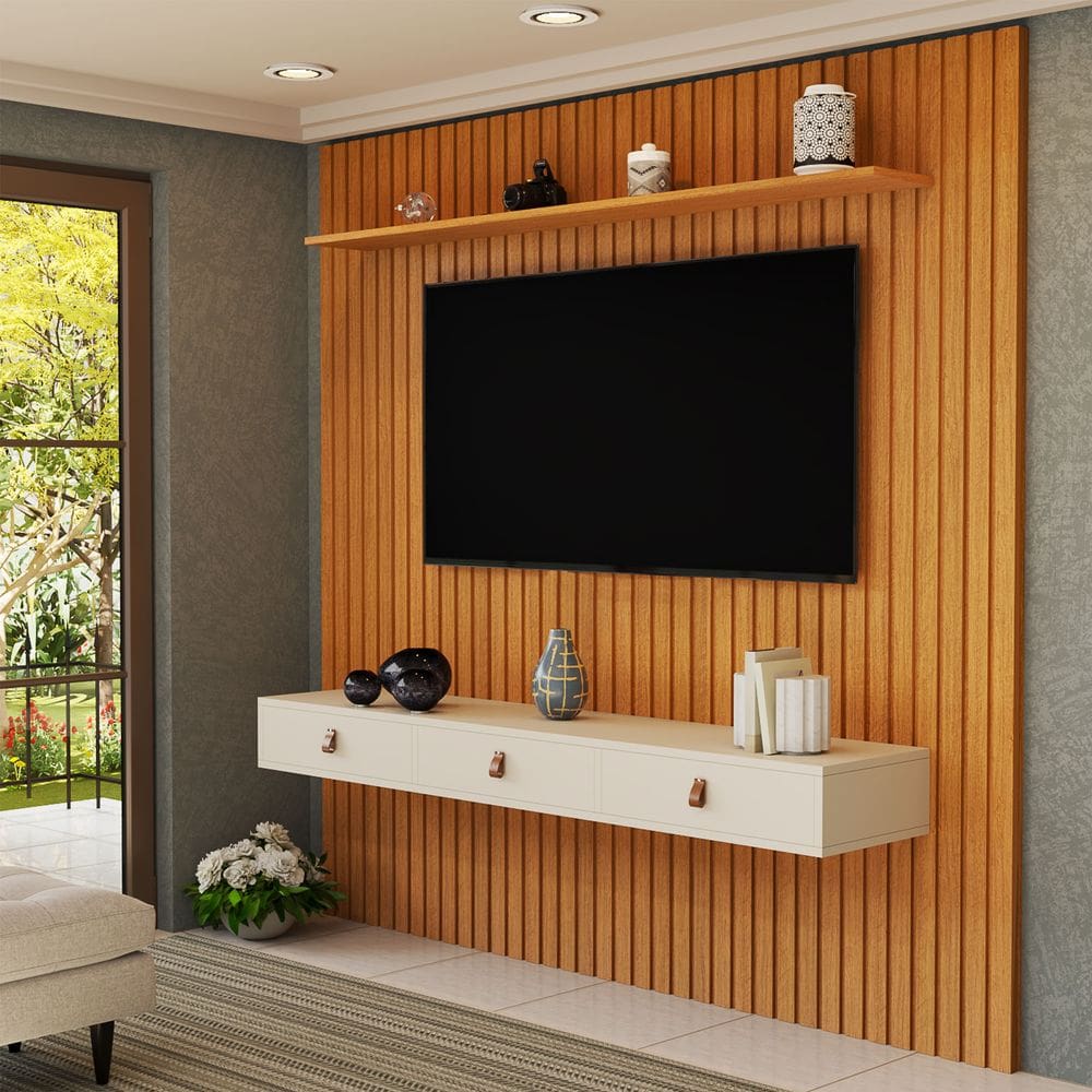 Painel Ripado 229cm TV até 80 Pol Nicho, Gaveta, Prateleira