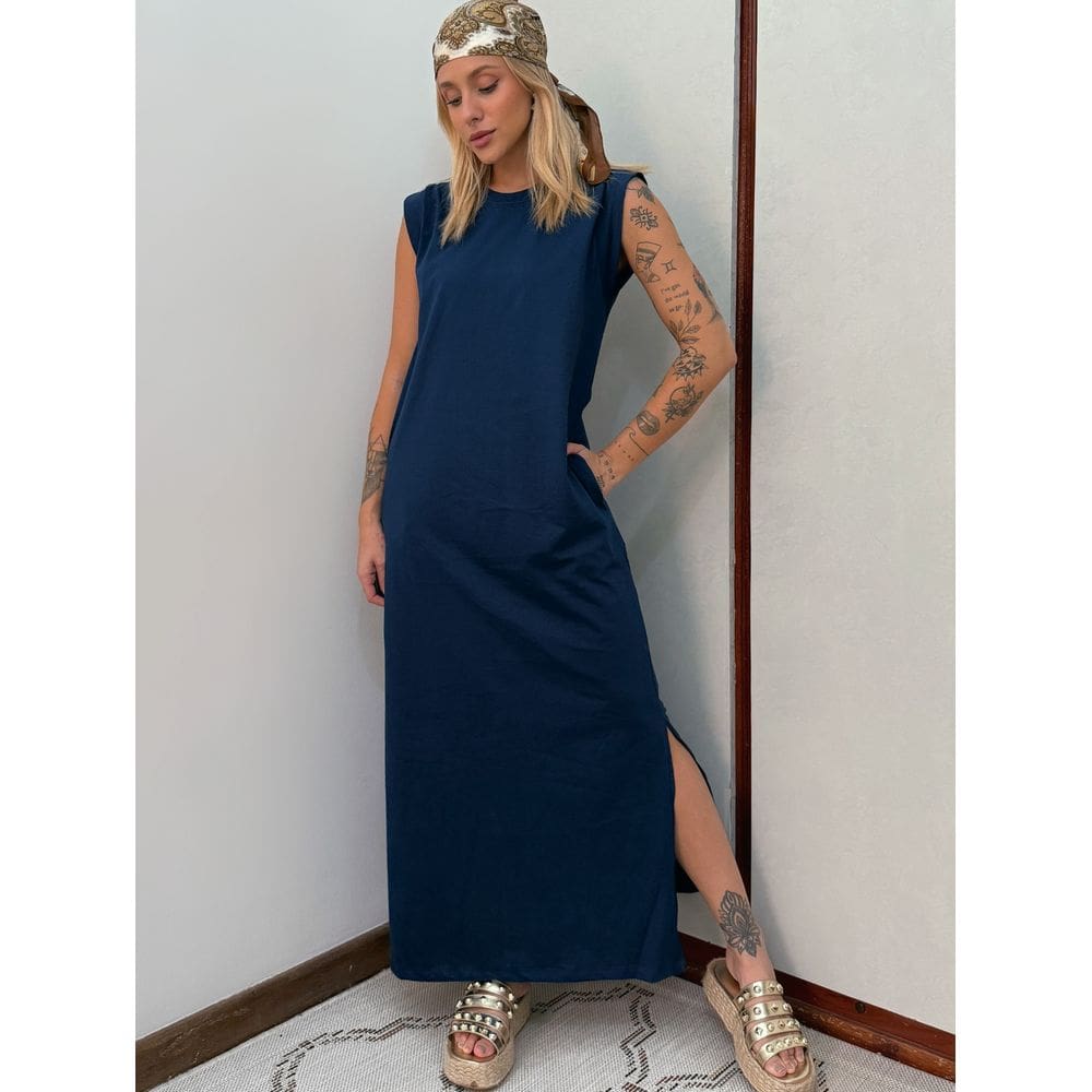 Vestido Longo Muscle Tee em Algodão com Bolso Aveloz Azul Marinho