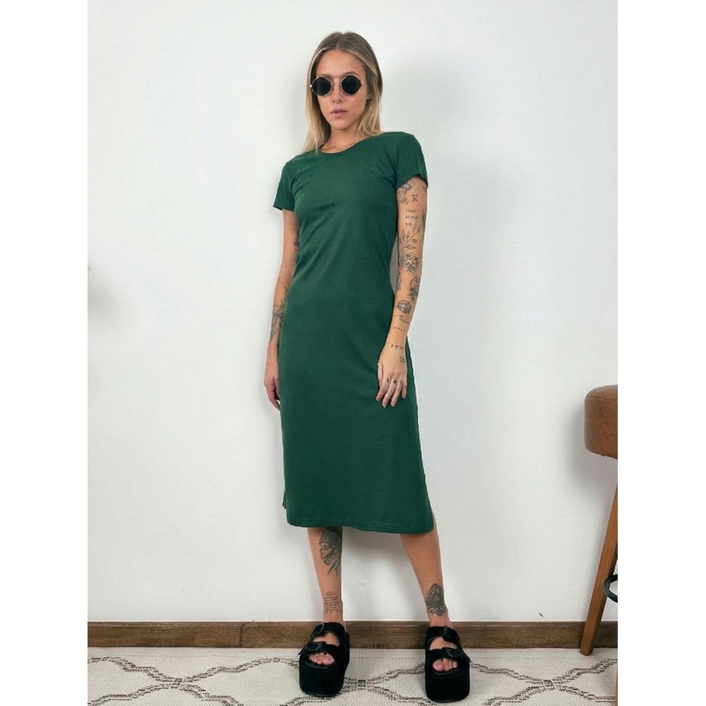 Vestido Midi Camiseta Com Fenda Aveloz Verde Escuro