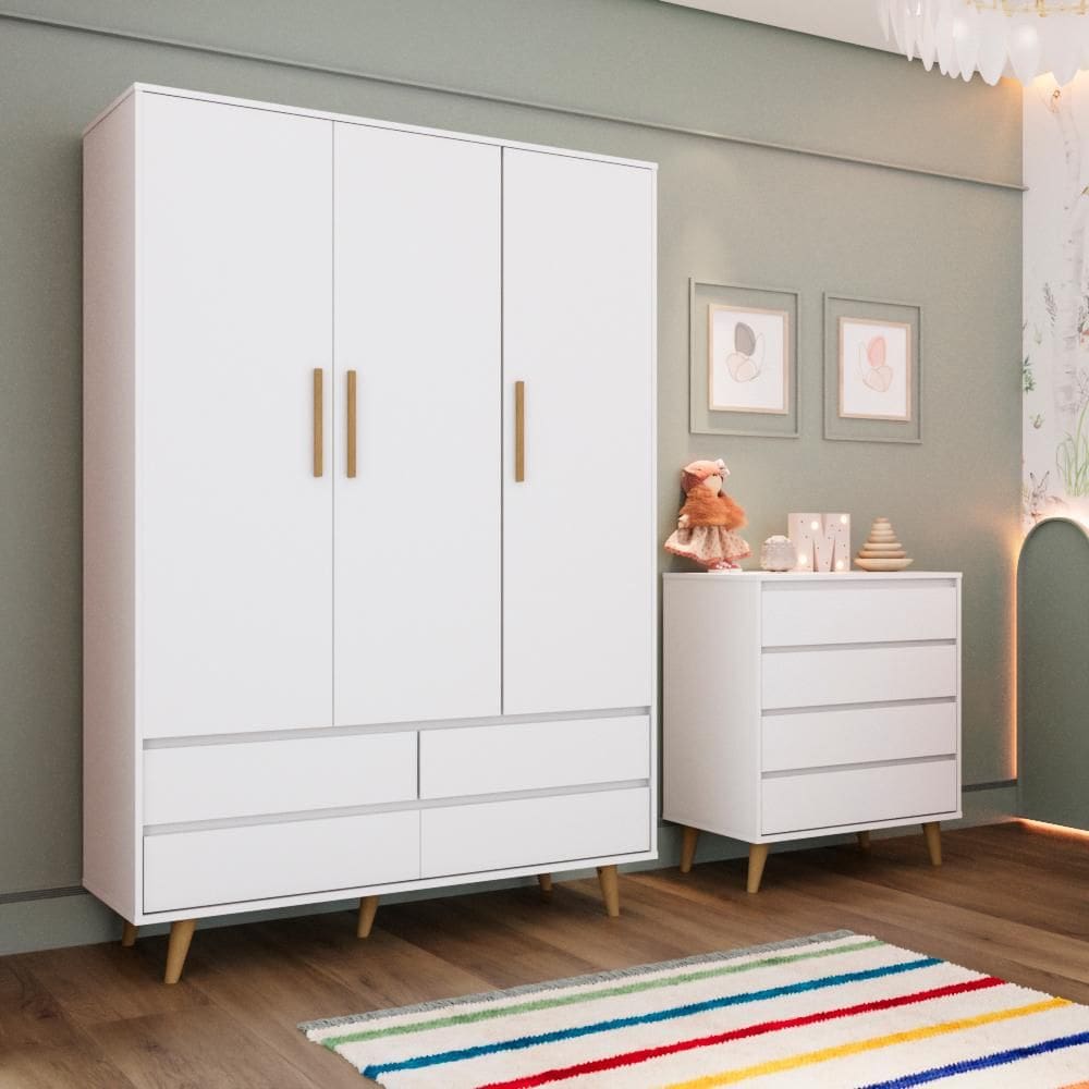 Quarto de Bebê Cômoda Gaveteiro Guarda Roupa Lorena 3 Portas Branco Carolina Baby