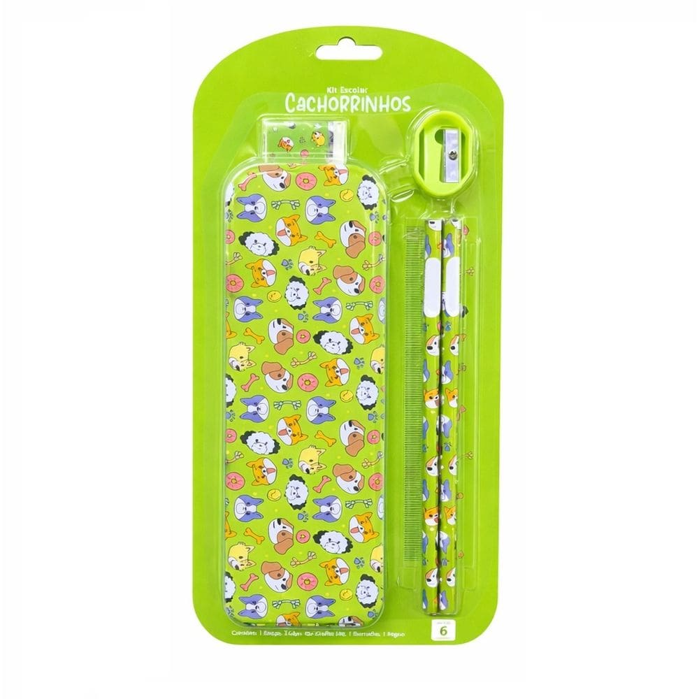 Kit Estojo Escolar de Metal com 2 Lápis Borracha Apontador e Régua