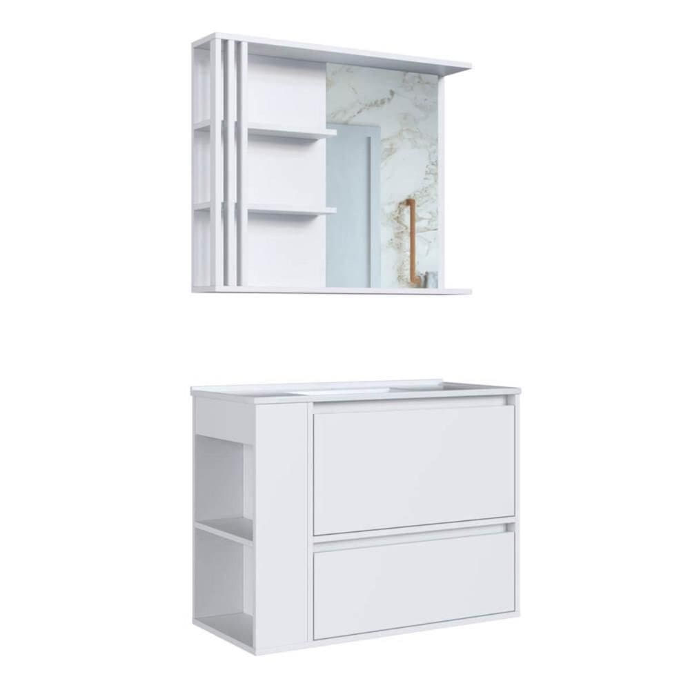 Gabinete De Banheiro 80cm Estela Branco Lavatório Espelheira com 1 Gavetão E Basculante