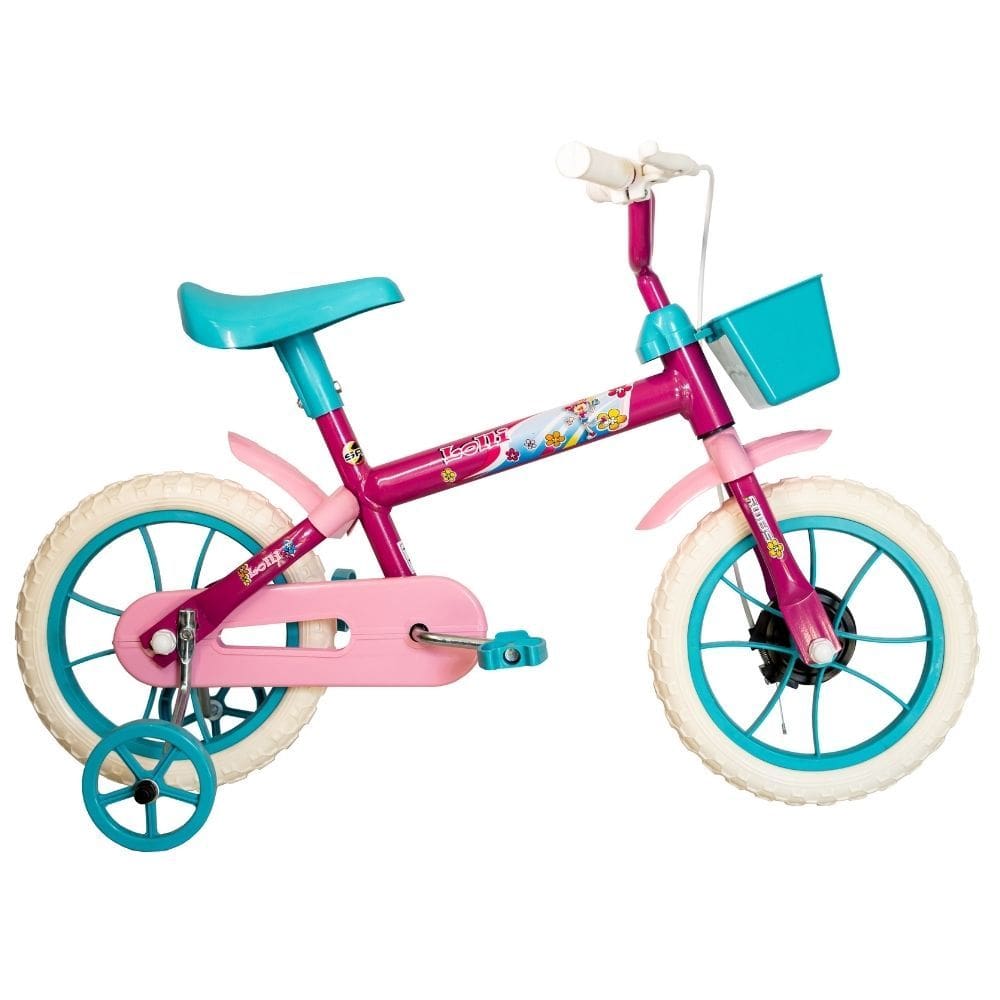 Bicicleta Infantil Aro 12 Com Rodinhas Lolli Pink Com Azul Turquesa Samy