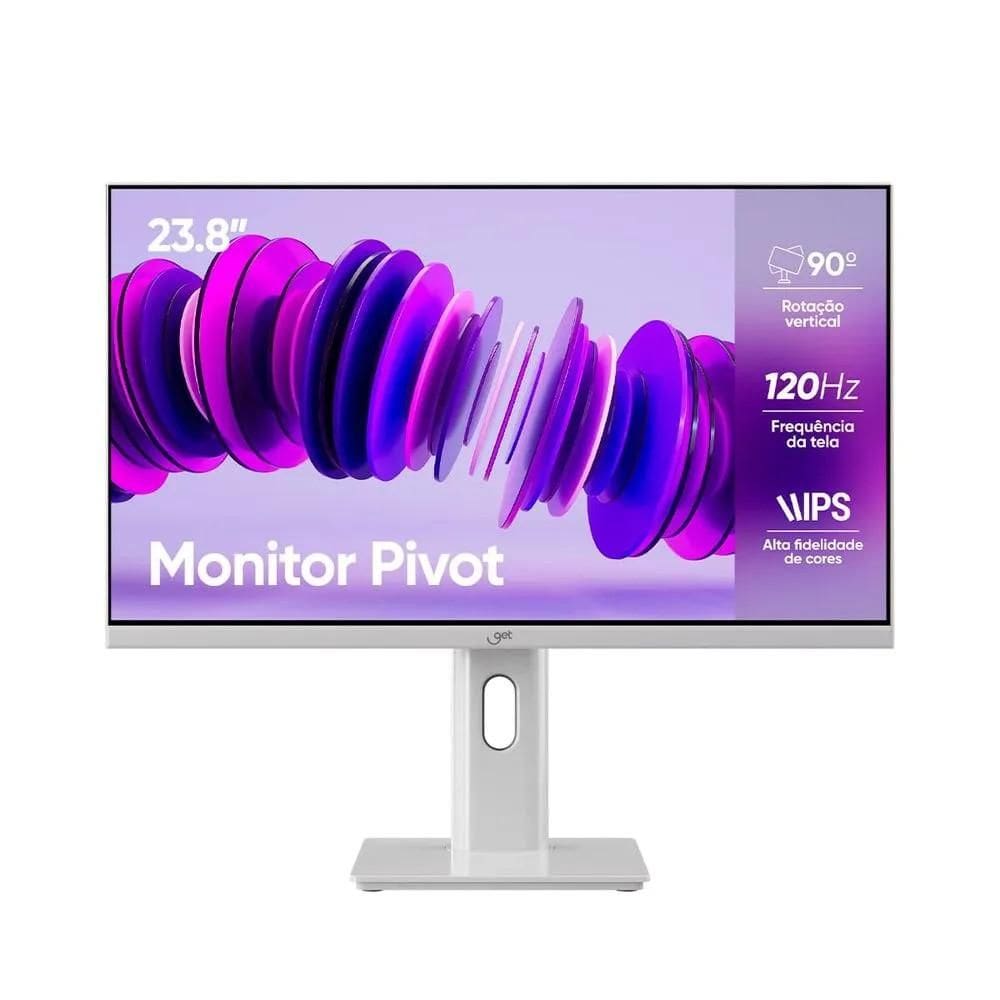 Monitor 23,8” GET GT Full HD IPS Branco, 120Hz, com ajuste de altura e rotação, ergonomia e um visual moderno para qualquer setup  GET
