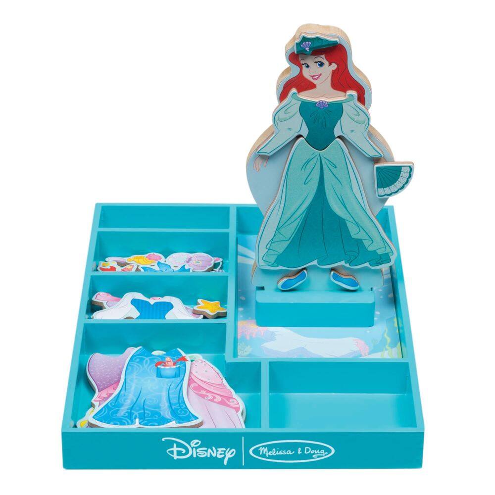Conjunto Magnetic Dress-Up Wooden Doll Pretend Play Melissa & Doug Disney Ariel com mais de 30 peças