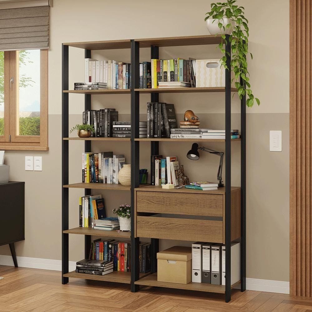 Estante Armário Multiuso Para Escritório 129cm 9 Prateleiras 2 Gavetas Rustic/preto Madesa Preto/rustic