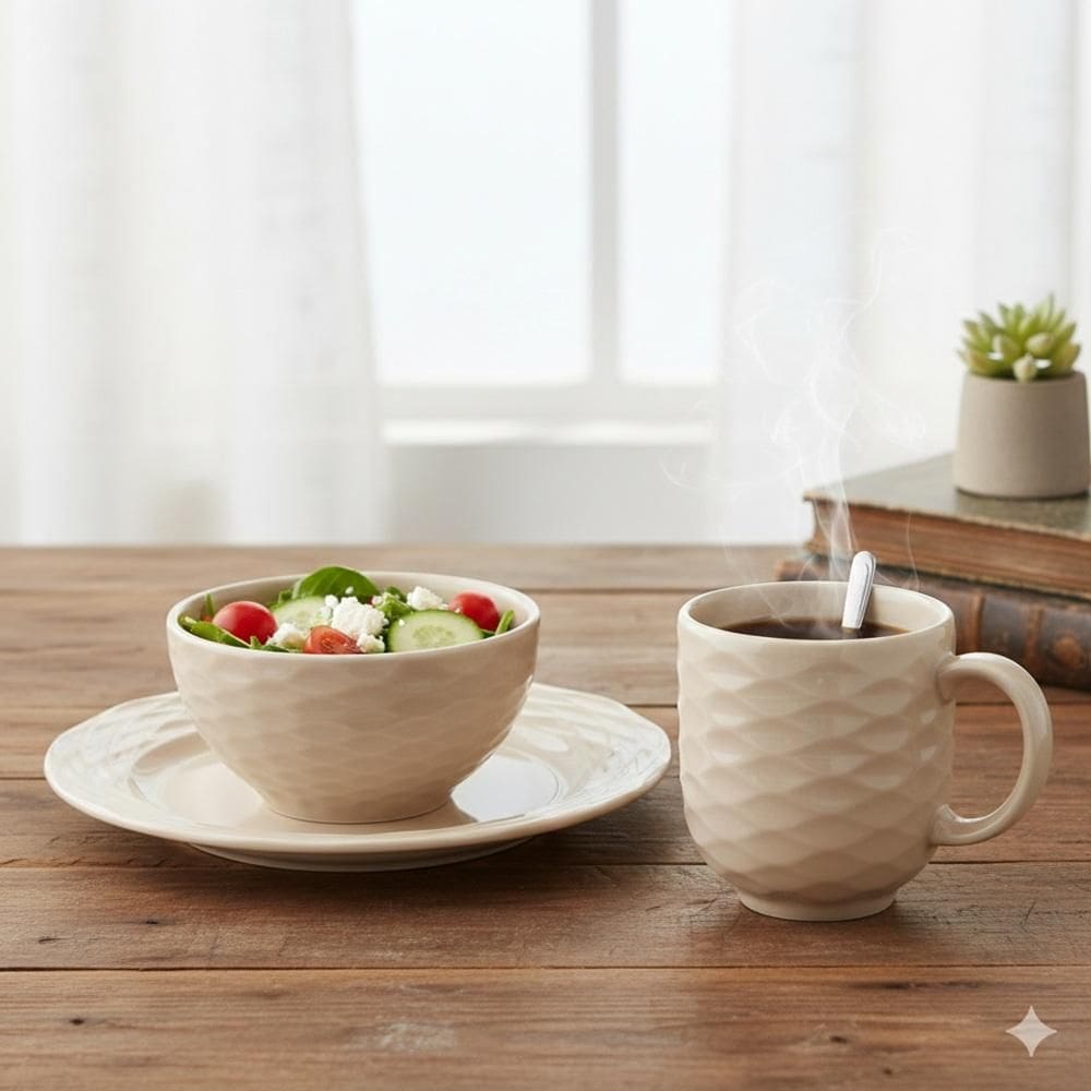 Jogo Jantar 12 Peças Creme Relevo Ondas Germer Porcelanas